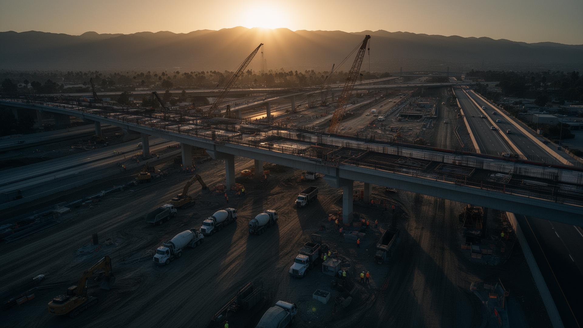 Aerial view of a Southern California highway interchange under construction